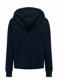Felpa con cappuccio blu navy, con una texture morbida, maniche lunghe e design cropped. Presenta polsini a coste e nessun logo o motivo visibile.