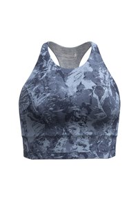 Sport-BH i ett blått och grått abstrakt mönster. Tillverkad av elastiskt tyg med racerback-design, har en slät yta och minimal hårdvara.