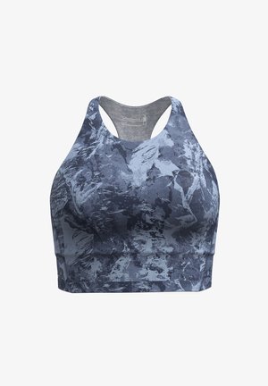 Sports bra in a blue and gray abstract pattern. Made from stretchy fabric with a racerback design, featuring a smooth texture and minimal hardware.