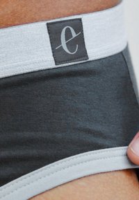 Graue Stoffunterwäsche mit einem hellgrauen Bund und einem dunkelgrauen Logo. Glatte Textur und taillierte Passform mit sorgfältiger Naht.