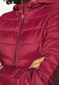 Bourgognefarvet dunjakke med opretstående krave, lynlås og quiltet tekstur. Justerbar hætte med snoretræk; glat, skinnende stof.