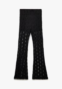 Zwarte kanten flare pantalons met een diamantpatroon, voorzien van een hoge taille en een semi-doorzichtige textuur, die tot de enkels reikt.