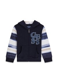 Sweat à capuche zippé avec corps bleu marine et manches rayées en bleu, blanc et beige. Logo brodé sur la poitrine, deux poches avant.