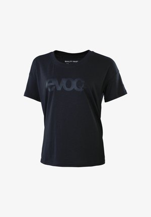 Black cotton t-shirt with short sleeves, crew neck, and a glossy black "evoc" logo printed across the front. Smooth texture.