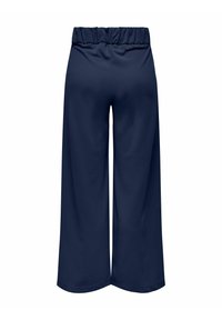 Mørkeblå vide bukser med en blød, elastisk talje. Lavet af et glat stof med en afslappet pasform og uden synlige hardware eller mønstre.