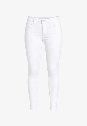 Hvide slim-fit jeans med knap- og lynlåslukning foran, bæltestropper og fem-lomme styling på ensfarvet baggrund.