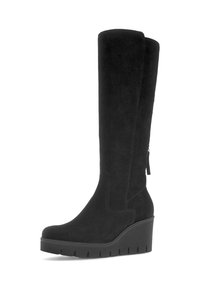 Zwarte suede kniehoog boots met een wedge hak, met een ritsluiting aan de zijkant en een gladde, gestructureerde afwerking.