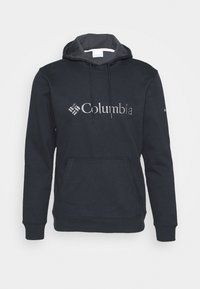 Felpa nera con cappuccio e tasca frontale, con il logo "Columbia" in grigio sul petto e un design minimalista.