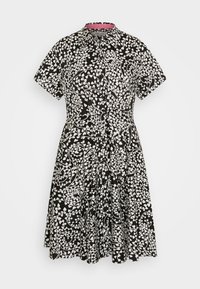 Schwarzes kurzärmliges Hemdkleid mit einem weißen, spiralförmigen, herzförmigen Rankenmuster und einem spitzen Kragen.