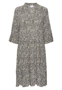 Šaty s leopardím vzorem, V-výstřihem, tříčtvrtečními rukávy a nařasenými volány; černobílé barvy na lehké tkanině.