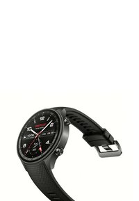 Smartwatch mit einem runden schwarzen Zifferblatt, silbernen Akzenten und einem Gummiband mit strukturierter Oberfläche und verstellbarem Metallverschluss.