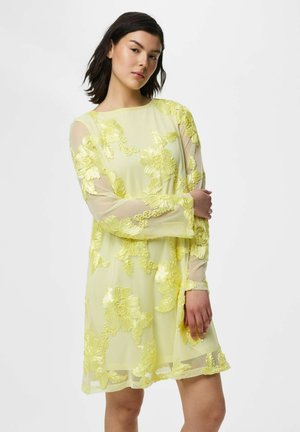 Jeune femme portant une robe jaune transparente brodée de fleurs avec des manches longues, debout devant un fond clair uni.