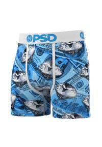 Siniset bokserialushousut, joissa on dollarin setelien ja timanttien kuosi, ja valkoinen vyötärönauha, jossa lukee "PSD"-logo. Pehmeä kankaan koostumus.