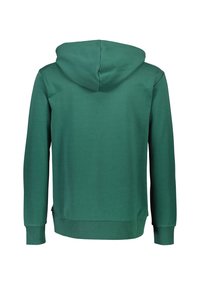 Felpa verde con tasca a marsupio frontale, vestibilità comoda e cappuccio con cordino. Il tessuto è morbido, con polsini e orlo a coste.