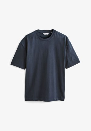 Navyblaues T-Shirt mit kurzen Ärmeln aus Baumwolle. Rundhalsausschnitt und entspannter Schnitt. Glatte Textur ohne sichtbare Muster oder Akzente.