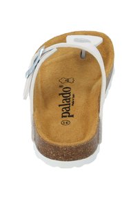 White flip-flop sandal with a cork footbed and suede texture, featuring a clear strap and branded logo on the insole.