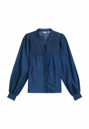 Blouse bleu marine à manches longues avec partie supérieure du buste et poignets froncés, col rond avec un petit bord en volants.