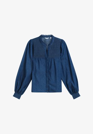 Navyblauwe blouse met lange mouwen, geplooid bovenste deel op de borst en manchetten, ronde halslijn met kleine ruchtrand.