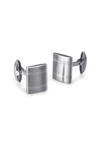 Silver metal cufflinks with a square shape, featuring smooth and brushed textures, accented by horizontal lines for added detail.