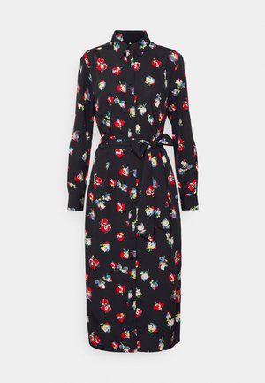 Czarna, długa sukienka koszulowa o długości midi z czerwonym, niebieskim i żółtym kwiatowym wzorem, zapięcie na guziki z przodu, kołnierz i pasek wiązany w talii.