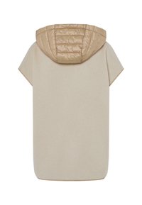 Beige korte mouwen kledingstuk met een opbollende tan capuchon. Glad textuur, minimaal ontwerp en afgeronde hoeken. Geschikt voor casual draag.