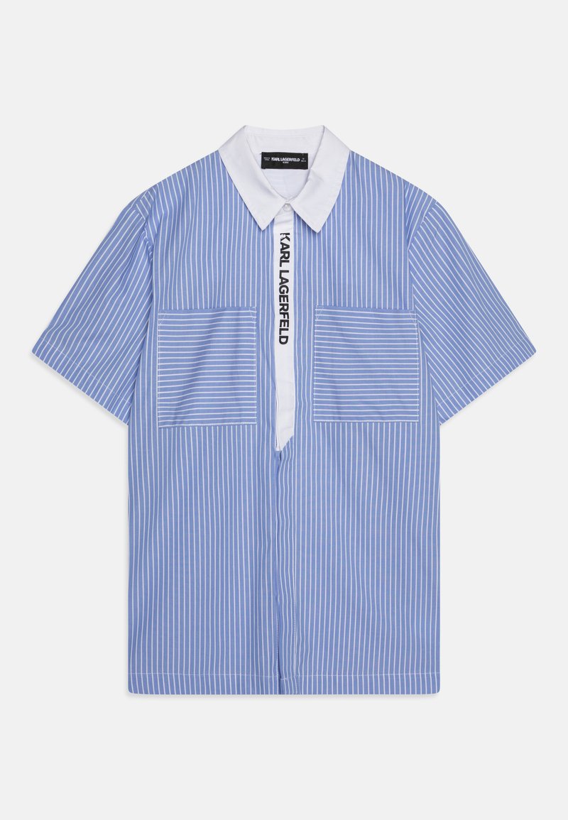 Short-sleeve button-up shirt in light blue with white vertical stripes, featuring a white collar and two front pockets. Logo displayed on placket.