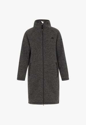 Duga tamno siva flis jakna s visokim ovratnikom, punim prednjim zatvaračem, dva bočna džepa sa zatvaračem i suptilnim logotipom na prsima i rukavu.