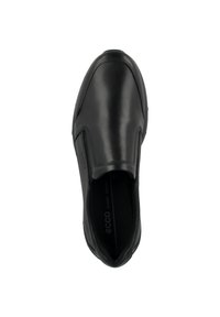 Schwarzer Leder-Slipper mit glatter Textur, abgerundeter Zehenpartie und elastischen Seitenpaneelen. Verfügt über dezente Markenkennzeichnung an der äußeren Seite.