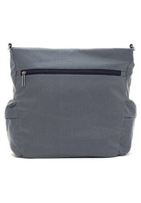 Borsa navy con pois, realizzata in tessuto resistente, presenta una tasca frontale con zip e tasche laterali, con un ampio e morbido interno.