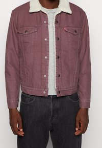 Lila denimjacka med en vit shearlingkrage, tryckknappar och dubbla bröstfickor, bärs över en grå skjorta och svarta jeans.