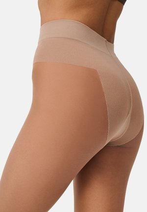Collant trasparenti con vita alta; colore nudo con una texture liscia e opaca; design senza cuciture per una vestibilità aderente.