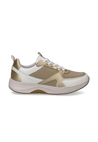 White and gold athletic shoe with smooth leather and metallic accents, featuring a lace-up design and rounded, cushioned sole.