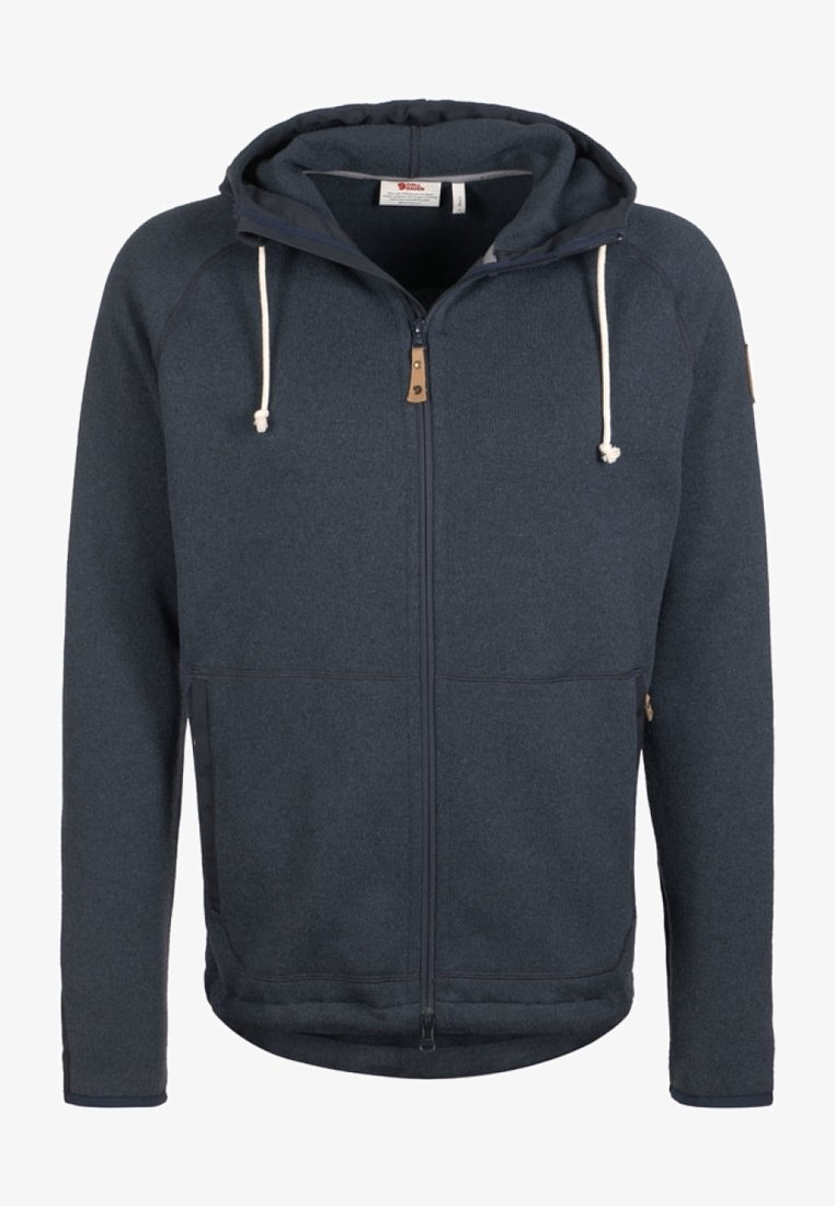 Veste zippée à capuche bleu foncé avec poches avant et cordons blancs, présentée sur un fond blanc uni.