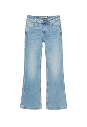 Jean en denim bleu clair avec un léger évasement aux jambes, cinq poches, fermeture par bouton et fermeture éclair, et petites taches blanches décoratives près de la taille.