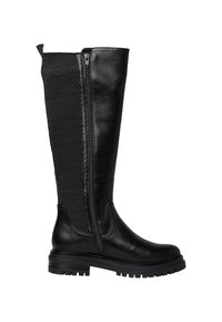 Botte en cuir noire montant jusqu'au genou avec panneau élastique texturé, fermeture éclair latérale, languette de tirage, bout rond et semelle crantée robuste pour une bonne adhérence.