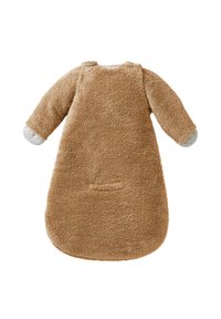 Brauner, flauschiger Schlafsack aus Stoff mit langen Ärmeln und grauen Bündchen. Hat eine kleine Tasche auf der Vorderseite und einen abgerundeten Boden. Weiche Textur.