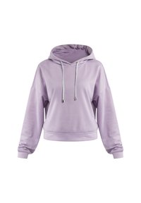 Levandulová mikina vyrobená z měkké látky, s kapucí na šňůrku, kleslými rameny a žebrovaným lemem a manžetami. Jednoduchý design bez vzorů.