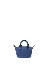 Blauwe stoffen handtas met bijpassende leren accenten, gestructureerd ontwerp, dubbele bovenhandvatten en een ritssluiting. Compacte en veelzijdige vorm.