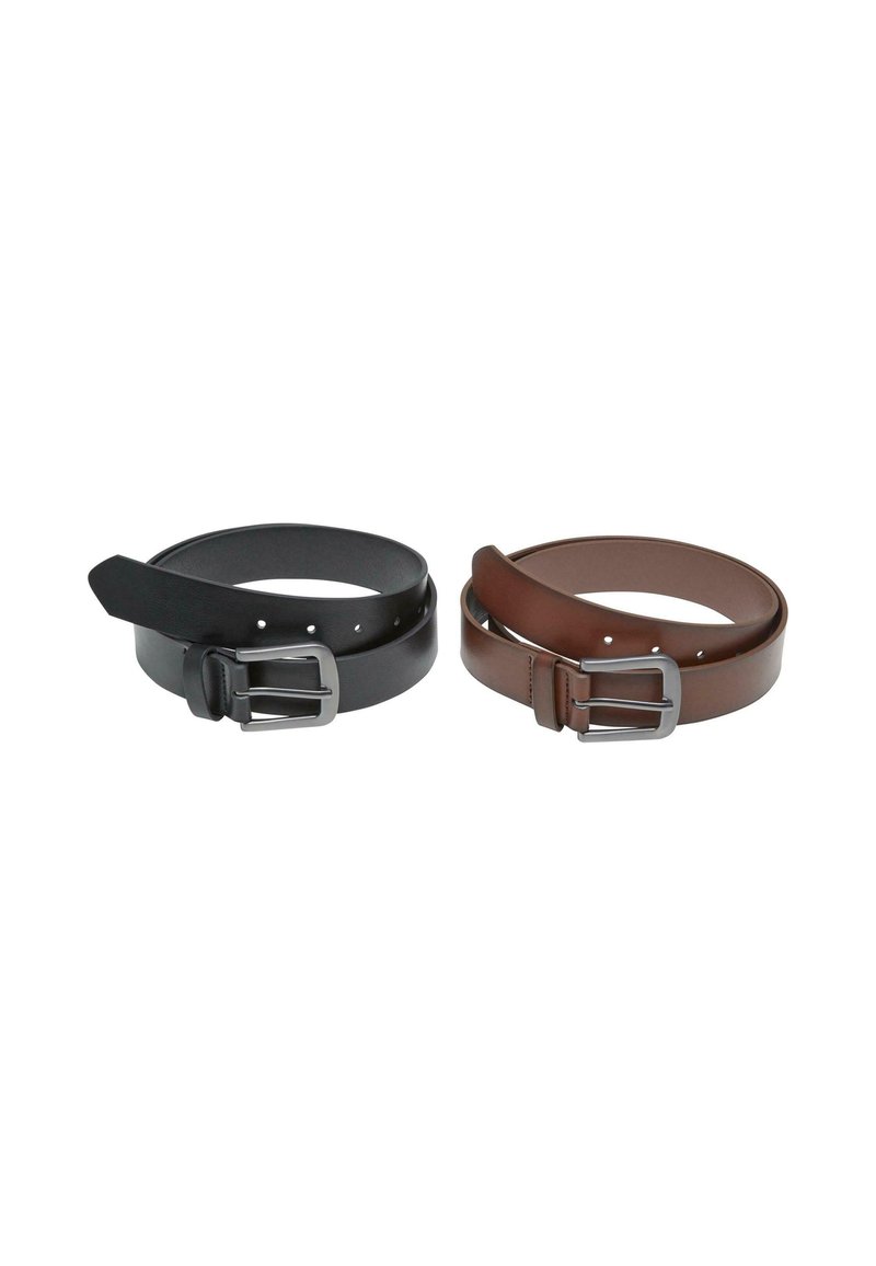 Dos cinturones de cuero: uno negro y otro marrón. Ambos cuentan con una hebilla de metal plateado con un acabado suave y tienen múltiples agujeros de ajuste.