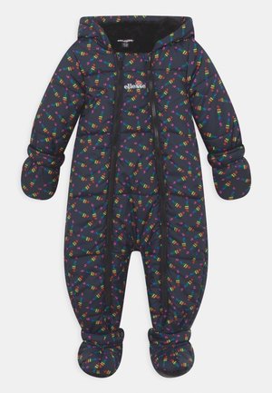 Navy blue hooded baby snowsuit with colorful candle pattern, attached mittens and booties, front zippers, and "ellesse" logo on chest.