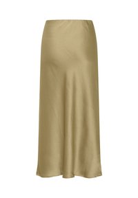 Jupe midi en satin beige avec une texture lisse, coupe trapèze et un léger éclat, présentée sur un fond blanc.