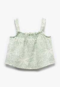 Top de algodón verde claro sin mangas con corsé fruncido y tirantes finos, que presenta un diseño estampado de hojas y flores. Textura suave.