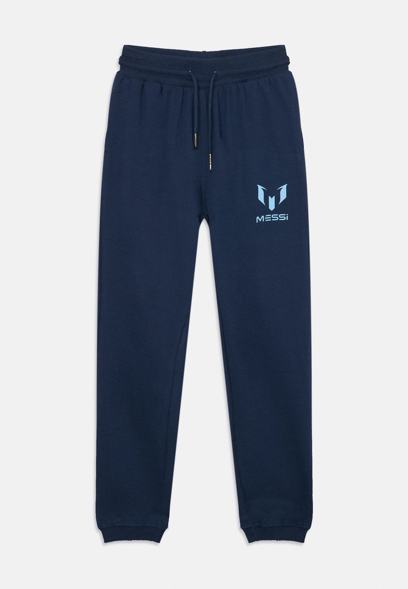 Calças de fato azul marinho em tecido suave, com cintura elástica e cordão, punhos de tornozelo ajustados e impressão de logótipo azul claro.