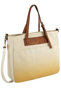 Sac en toile avec des accents en cuir marron, forme structurée, dégradé de couleur allant de la crème à l'orange clair, deux poignées supérieures et une bandoulière détachable.