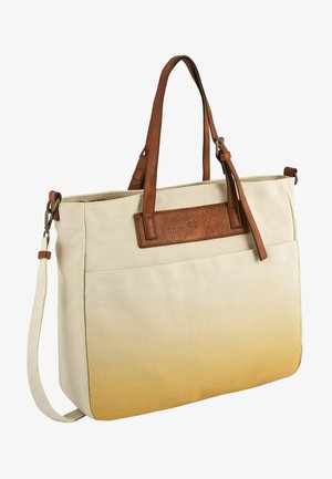 Canvas-Tragetasche mit braunen Lederakzenten, strukturiertem Design, Farbverlauf von Creme zu hellorange, zwei oberen Griffen und abnehmbarem Schultergurt.