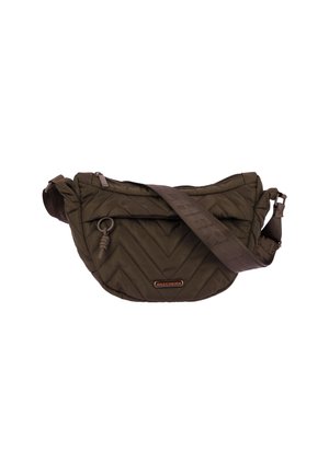 Gewatteerde donkerolijfgroene Skechers crossbodytas met verstelbare riem, voorvak met ritssluiting en metalen ring ritstrekkertje.