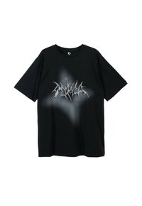 Czarna bawełniana koszulka z krótkim rękawem z żakardowym logo w ostrym, ząbkowanym wzorze na środku. Krój z okrągłym dekoltem.