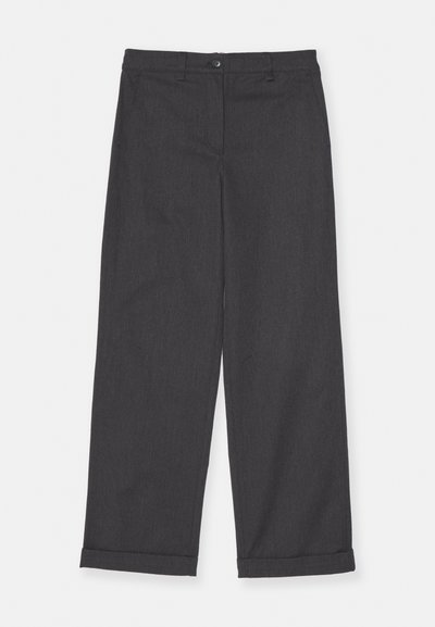 Gray, wide-leg trousers made of textured fabric, featuring a button closure and rolled cuffs, displayed against a plain white background.