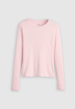Langermige roze shirt gemaakt van zacht stof, met een ronde halslijn en een klein logo op de voorkant. Soepele textuur en een ontspannen pasvorm.