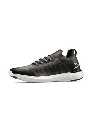 Black athletic shoes featuring a textured knit upper, elastic laces, white cushioning midsole, and a contrasting logo on the heel.
